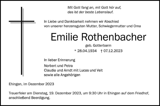 Traueranzeige von Emilie Rothenbacher von Ehinger Tagblatt