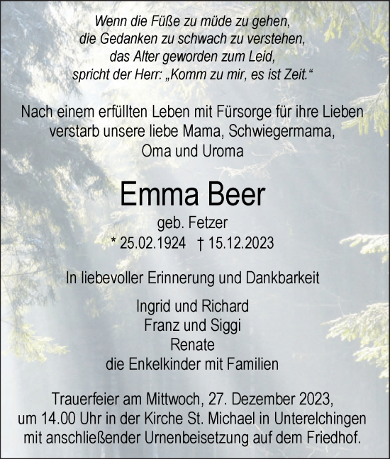 Traueranzeige von Emma Beer von SÜDWEST PRESSE Ausgabe Ulm/Neu-Ulm