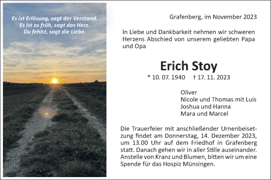 Traueranzeige von Erich Stoy von SÜDWEST PRESSE/SÜDWEST PRESSE