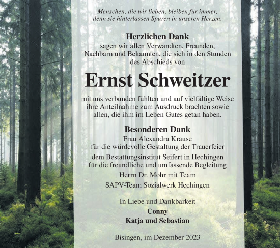 Traueranzeige von Ernst Schweitzer von Hohenzollerische Zeitung