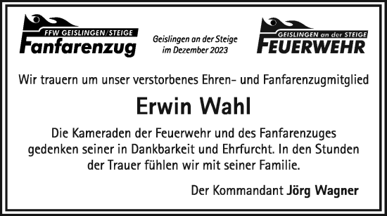 Traueranzeige von Erwin Wahl von Geislinger Zeitung