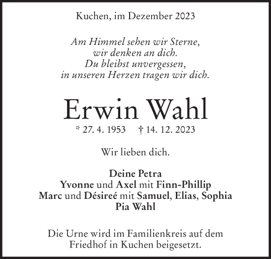 Traueranzeige von Erwin Wahl von Geislinger Zeitung