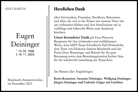 Traueranzeige von Eugen Deininger von Haller Tagblatt