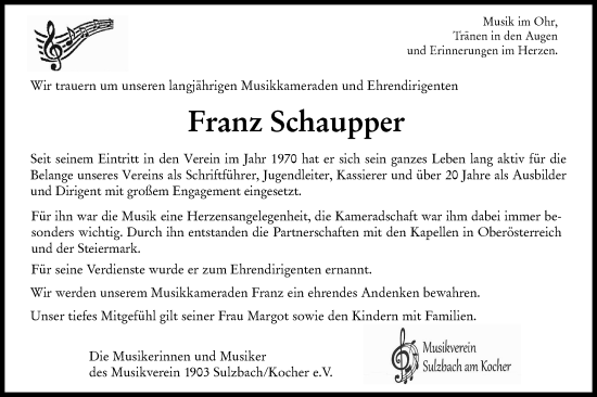 Traueranzeige von Franz Schaupper von Rundschau Gaildorf