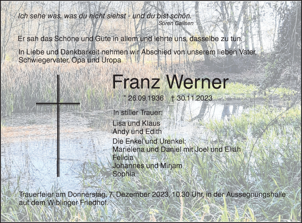  Traueranzeige für Franz Werner vom 05.12.2023 aus SÜDWEST PRESSE Ausgabe Ulm/Neu-Ulm