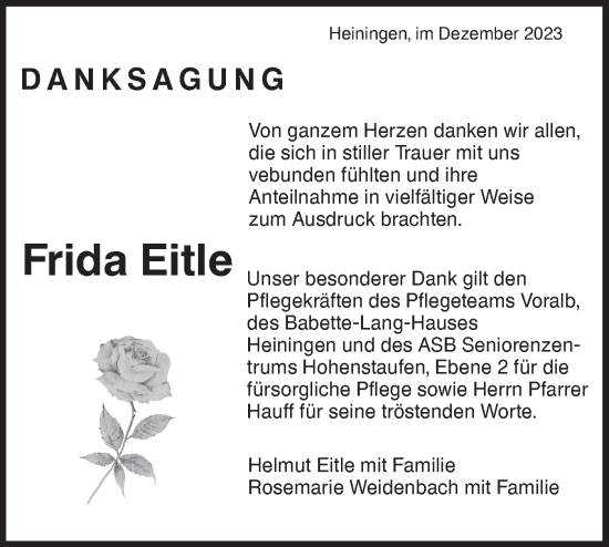 Traueranzeige von Frida Eitle von NWZ Neue Württembergische Zeitung