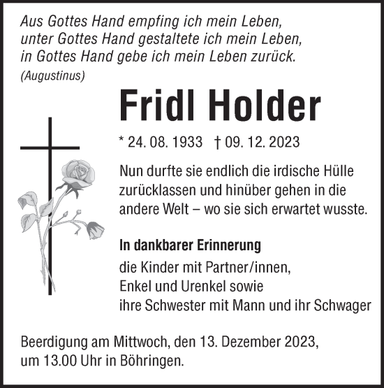 Traueranzeige von Fridl Holder von Alb-Bote/Metzinger-Uracher Volksblatt