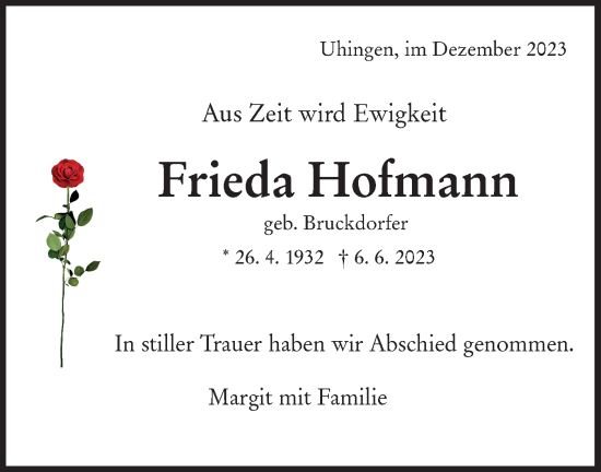 Traueranzeige von Frieda Hofmann von NWZ Neue Württembergische Zeitung