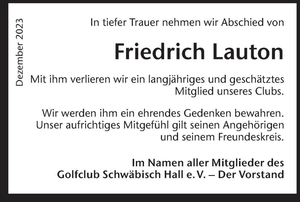  Traueranzeige für Friedrich Lauton vom 14.12.2023 aus Haller Tagblatt