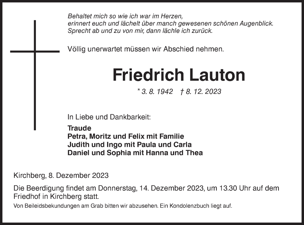  Traueranzeige für Friedrich Lauton vom 12.12.2023 aus Haller Tagblatt