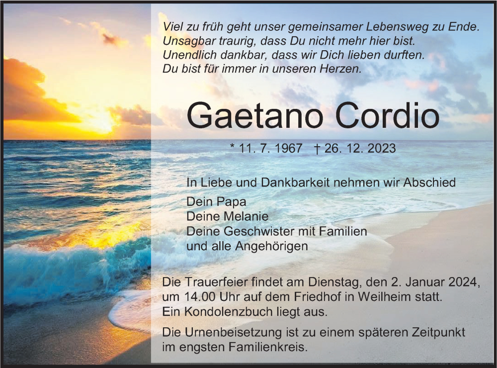  Traueranzeige für Gaetano Cordio vom 30.12.2023 aus Hohenzollerische Zeitung