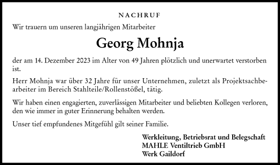 Traueranzeige von Georg Mohnja von Rundschau Gaildorf