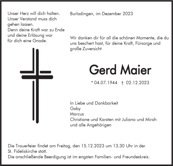 Traueranzeige von Gerd Maier von Hohenzollerische Zeitung