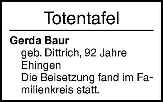 Traueranzeige von Gerda Baur von Ehinger Tagblatt