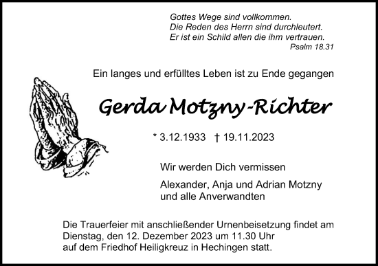 Traueranzeige von Gerda Motzny-Richter von Hohenzollerische Zeitung