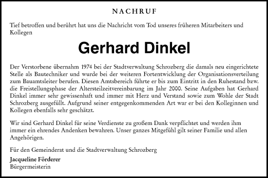 Traueranzeige von Gerhard Dinkel von Hohenloher Tagblatt