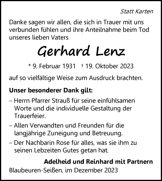 Traueranzeige von Gerhard Lenz von SÜDWEST PRESSE Ausgabe Ulm/Neu-Ulm