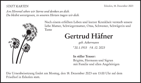 Traueranzeige von Gertrud Häfner von Haller Tagblatt