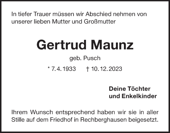 Traueranzeige von Gertrud Maunz von NWZ Neue Württembergische Zeitung