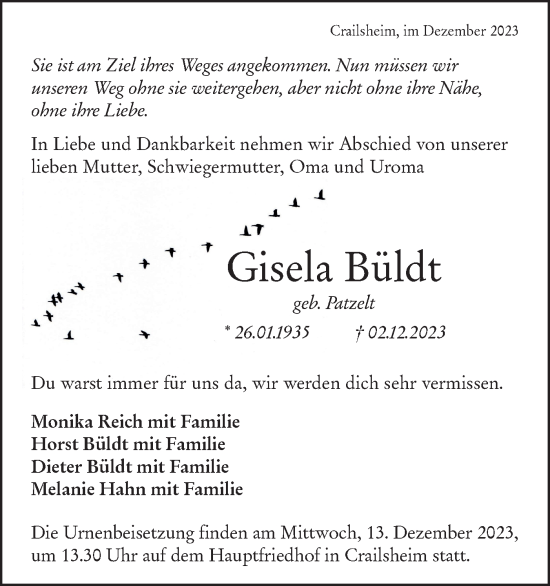 Traueranzeige von Gisela Büldt von Hohenloher Tagblatt