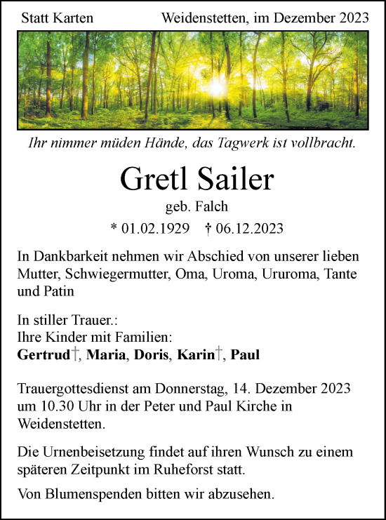 Traueranzeige von Gretl Sailer von SÜDWEST PRESSE Ausgabe Ulm/Neu-Ulm