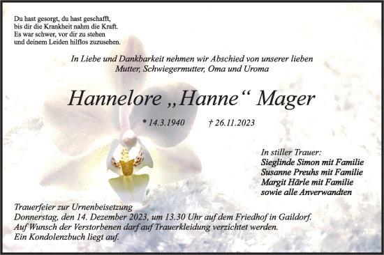 Traueranzeige von Hannelore Mager von Rundschau Gaildorf