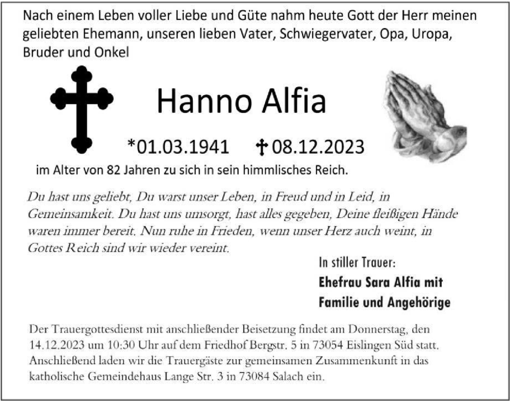  Traueranzeige für Hanno Alfia vom 12.12.2023 aus NWZ Neue Württembergische Zeitung