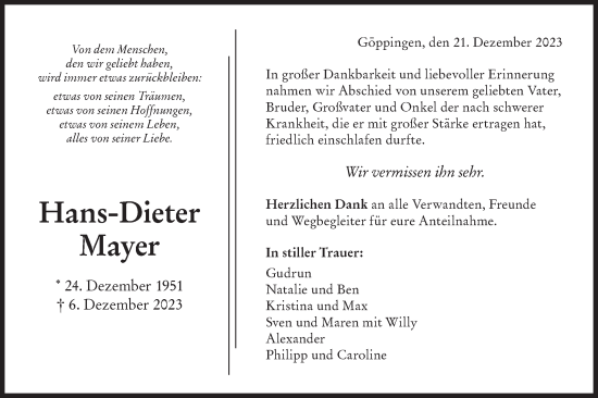 Traueranzeige von Hans-Dieter Mayer von NWZ Neue Württembergische Zeitung