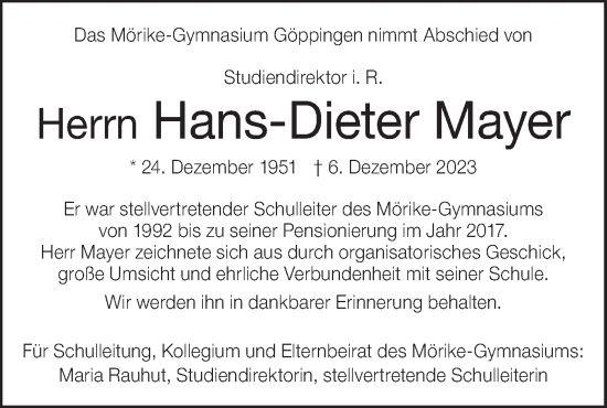 Traueranzeige von Hans-Dieter Mayer von NWZ Neue Württembergische Zeitung