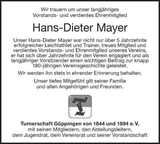 Traueranzeige von Hans-Dieter Mayer von NWZ Neue Württembergische Zeitung