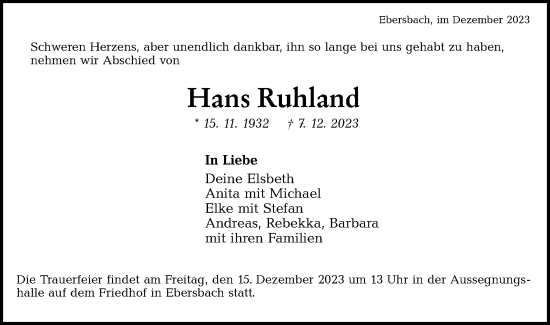 Traueranzeige von Hans Ruhland von NWZ Neue Württembergische Zeitung