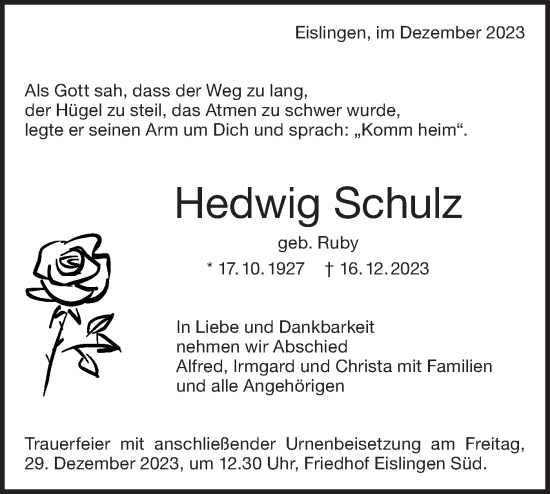 Traueranzeige von Hedwig Schulz von NWZ Neue Württembergische Zeitung