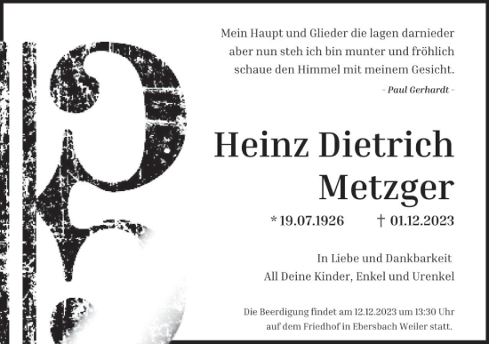 Traueranzeige von Heinz Dietrich Metzger von NWZ Neue Württembergische Zeitung