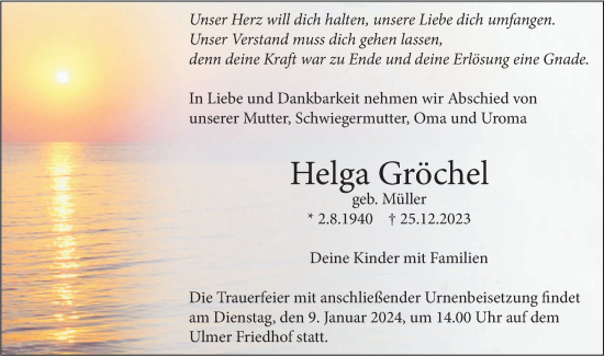 Traueranzeige von Helga Gröchel von SÜDWEST PRESSE Ausgabe Ulm/Neu-Ulm