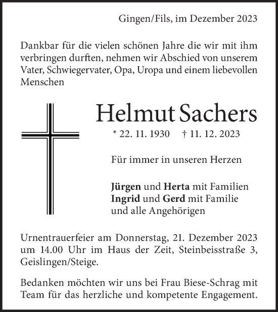 Traueranzeige von Helmut Sachers von Geislinger Zeitung