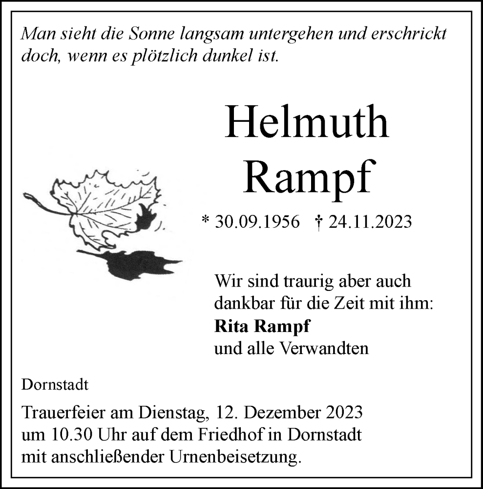  Traueranzeige für Helmuth Rampf vom 09.12.2023 aus SÜDWEST PRESSE Ausgabe Ulm/Neu-Ulm