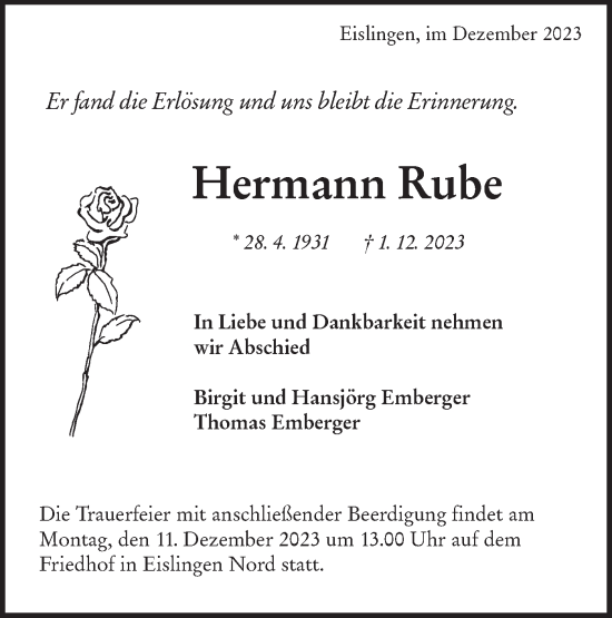 Traueranzeige von Hermann Rube von NWZ Neue Württembergische Zeitung