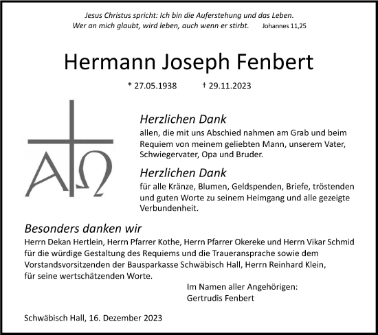 Traueranzeige von Hermann Joseph Fenbert von Haller Tagblatt