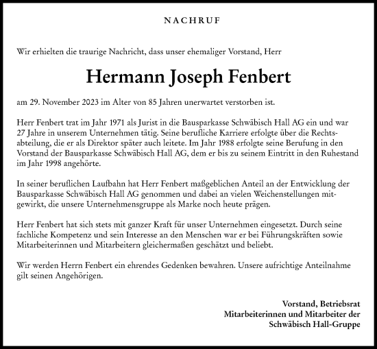 Traueranzeige von Hermann Joseph Fenbert von Haller Tagblatt