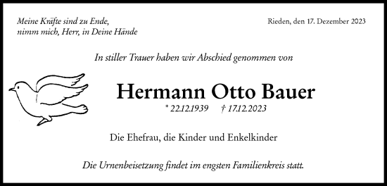 Traueranzeige von Hermann Otto Bauer von Haller Tagblatt