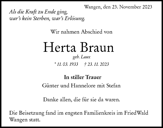 Traueranzeige von Herta Braun von NWZ Neue Württembergische Zeitung