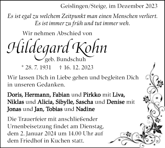 Traueranzeige von Hildegard Kohn von Geislinger Zeitung