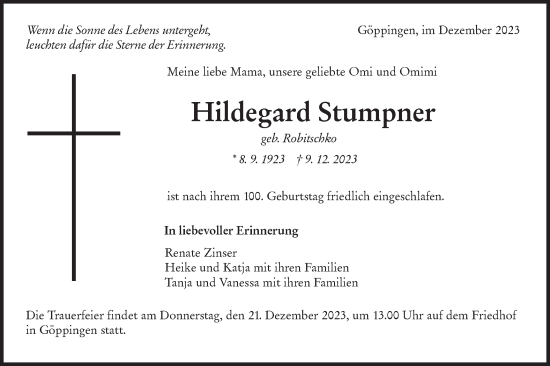 Traueranzeige von Hildegard Stumpner von NWZ Neue Württembergische Zeitung