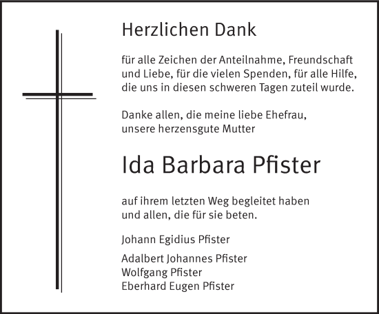 Traueranzeige von Ida Barbara Pfister von Hohenzollerische Zeitung