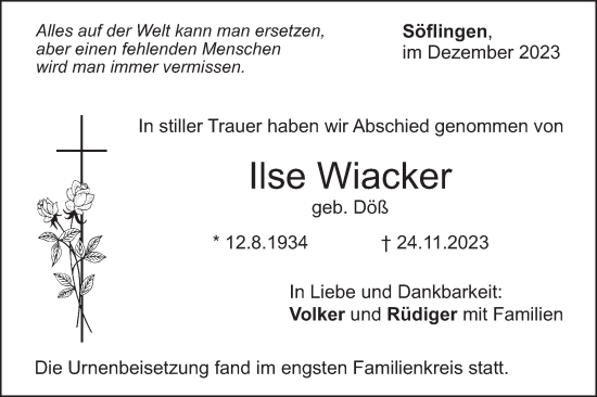 Traueranzeige von Ilse Wiacker von SÜDWEST PRESSE Ausgabe Ulm/Neu-Ulm