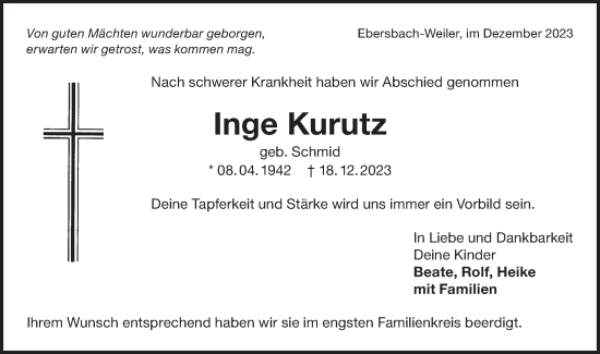 Traueranzeige von Inge Kurutz von NWZ Neue Württembergische Zeitung