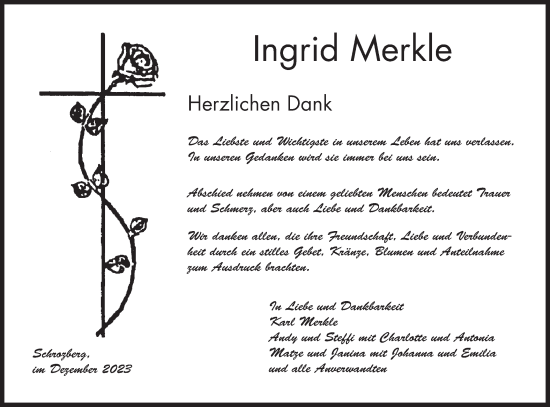 Traueranzeige von Ingrid Merkle von Hohenloher Tagblatt