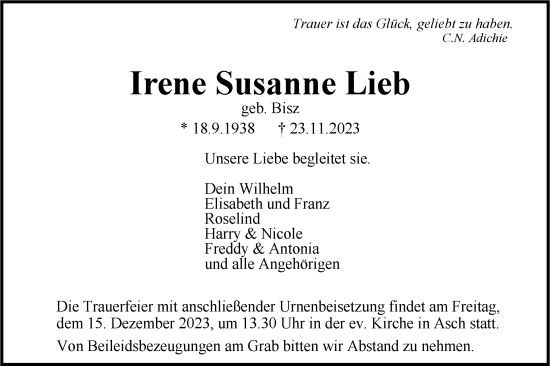 Traueranzeige von Irene Susanne Lieb von SÜDWEST PRESSE Ausgabe Ulm/Neu-Ulm