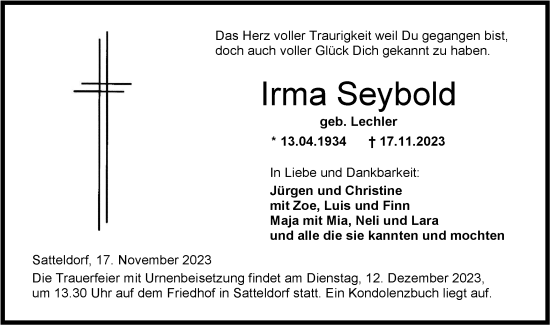 Traueranzeige von Irma Seybold von Hohenloher Tagblatt