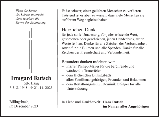 Traueranzeige von Irmgard Rutsch von Hohenloher Tagblatt